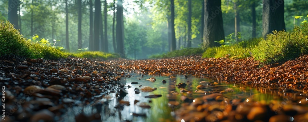 Poster weathering process concept. serene forest scene with a tranquil stream flowing through the green lan