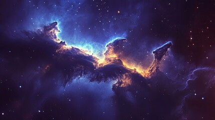 Fototapeta premium Bright cosmic nebula in deep space with fiery orange and yellow clouds surrounded by countless stars. The dynamic contrast creates a vibrant and expansive view of the universe. Generative AI