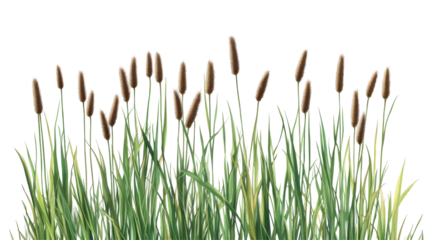 Lush green grass with bulrushes on transparent background png format nature scene minimalist viewpoint