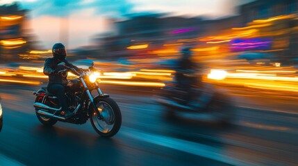 Fototapeta premium Coastal Twilight Motion - Motorcycles Glide Through Vibrant Urban Lights 