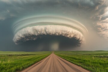 Tornado funnel cloud forming over a rural road in a vivid green landscape during a storm. Generative AI