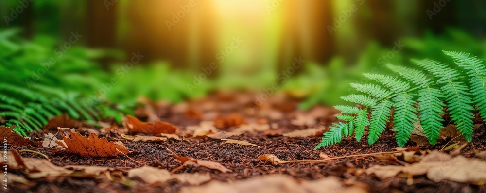 Poster weathering process concept. a serene forest path adorned with ferns and leaves, illuminated by golde