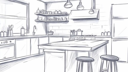 Sketch Style Kitchen Interior with Island and Bar Stools Illustration
