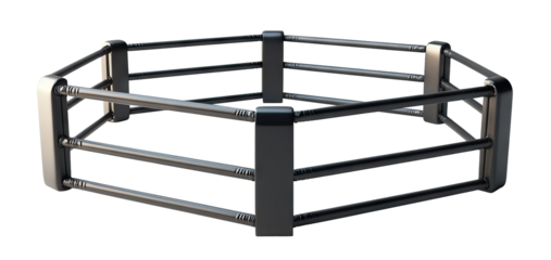 MMA style hexagonal fighting ring with black ropes and posts, isolated on transparent cutout background
