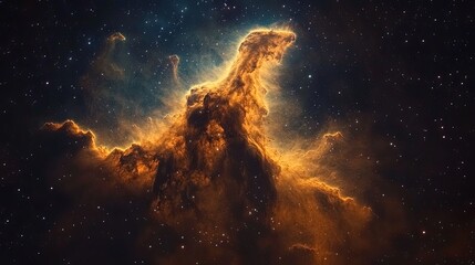 Fototapeta premium Bright cosmic nebula in deep space with fiery orange and yellow clouds surrounded by countless stars. The dynamic contrast creates a vibrant and expansive view of the universe. Generative AI