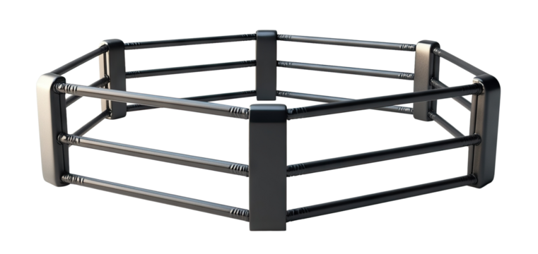 MMA style hexagonal fighting ring with black ropes and posts, isolated on transparent cutout background