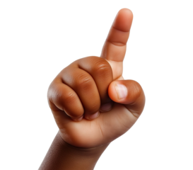 African American child's hand showing index finger up as a gesture, isolated on transparent cutout background