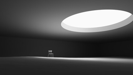 chair dark light circle ceiling minimalism black white 3D illustration