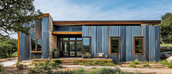 Obraz premium Rustic Charm: Contemporary Home with Corrugated Metal and Natural Surroundings 