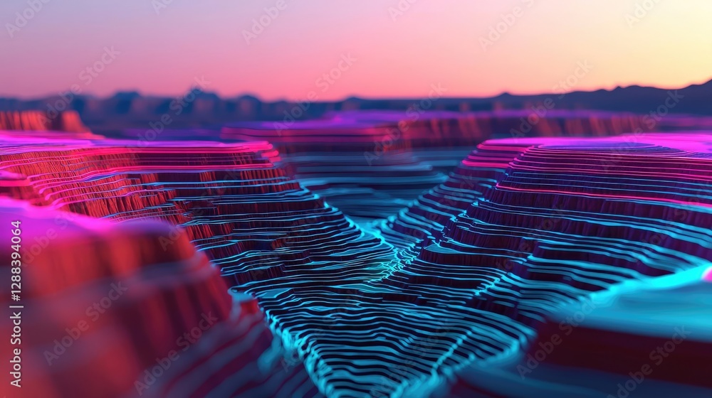 Poster weathering process concept. abstract landscape with vibrant colors and flowing lines in a digital ar