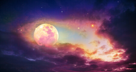 Full moon with stars at colorful night sky .