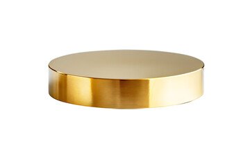 Round golden platform, empty podium for product presentation isolated on cut out PNG or transparent background. Shiny metal gold colored stage, display, scene, show cosmetic production