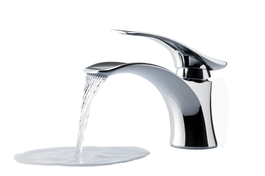 Modern chrome faucet with flowing water and splashing drops isolated on cut out PNG or transparent background. Water tap faucet. Luxury interior decoration. Flow water in bathroom with sink.