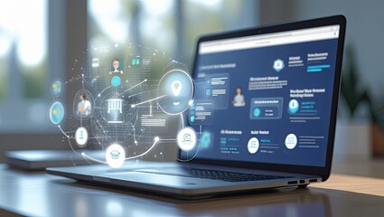 Futuristic holographic interface displaying business analytics, marketing strategies, and e-commerce solutions with interactive panels, AI-driven insights, and digital innovation.