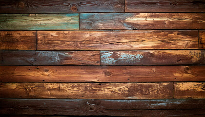 Rustic wooden planks in warm brown tones with subtle blue accents, featuring a weathered finish and arranged horizontally