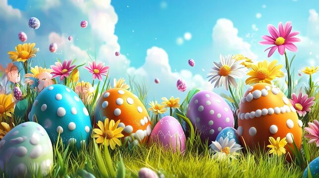 Easter Wishes. Celebrate Easter with eggs, flowers on a congratulatory background.