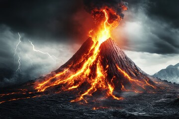Towering volcano erupts with lava and ash during a dramatic thunderstorm scene in a remote location. Generative AI