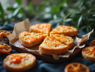 Delicious orange pie being cut into slices on wooden board