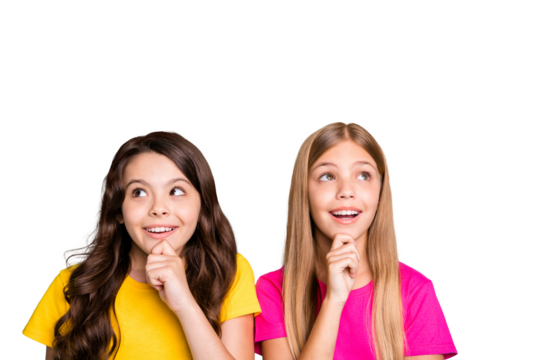 Photo of two cute nice good girls seeming cunning and sly pondering over something while isolated with teal background - Powered by Adobe