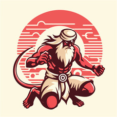 Fototapeta premium Powerful Red Warrior Monk with Beard and Tail in Action Pose