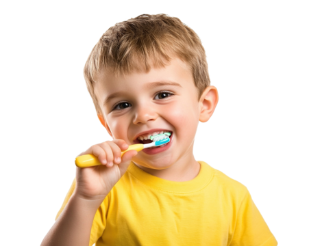 Happy young boy brushing his teeth with a toothbrush, isolated on transparent cutout background