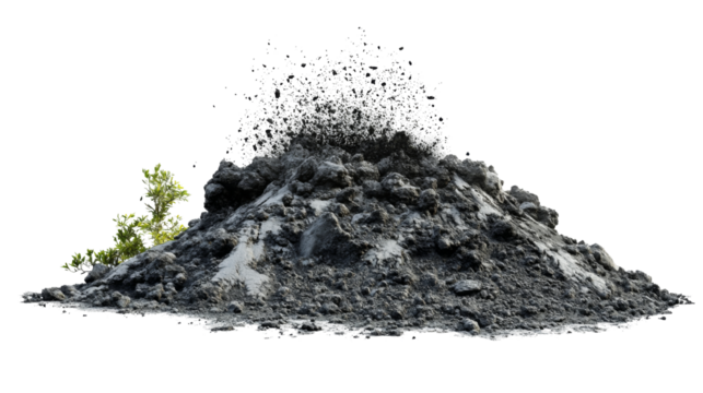 Eruption of black ash with green plant transparent background png nature scene isolated view environmental concept