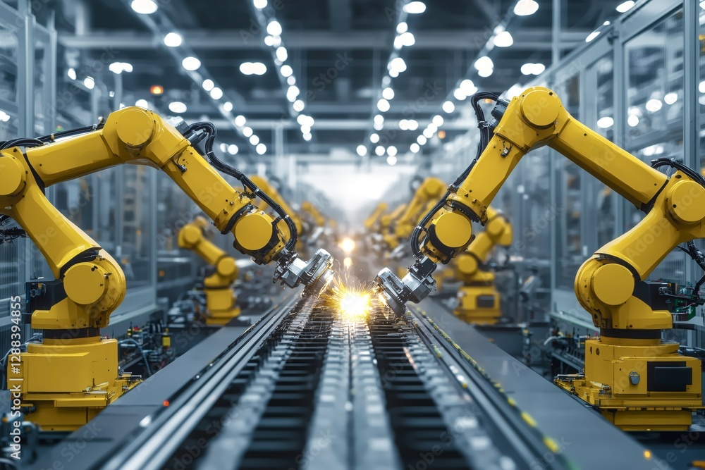 Poster robotics at work: inside a high-tech factory, rows of yellow robotic arms meticulously work on an au