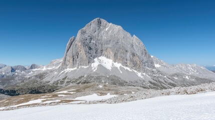Majestic mountain peak, snow-covered slopes, clear blue sky, panoramic view, travel poster