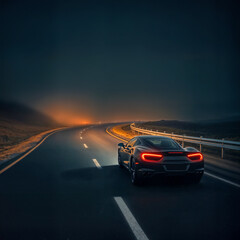 Naklejka premium Sporty car driving on a dark, curved road surrounded by fog during twilight hours