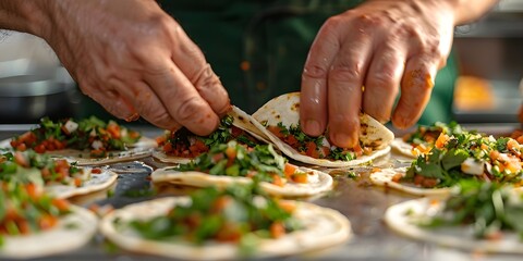 Culinary Craftsmanship: A skilled chef meticulously assembles a vibrant array of freshly made tacos, showcasing culinary artistry and the tantalizing appeal of authentic, delicious cuisine