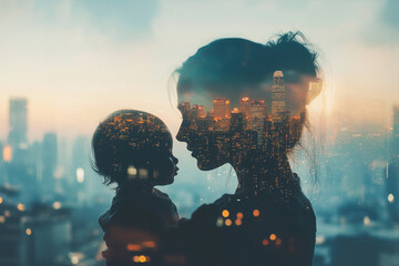 mother with child on the background of the city