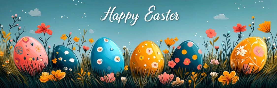 Celebrate springtime with a colorful Easter festival banner showcasing decorated eggs and flowers