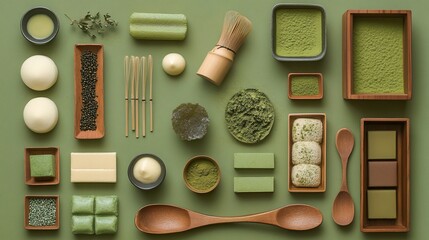 Assorted green tea ingredients and tools on a solid light green background arranged neatly