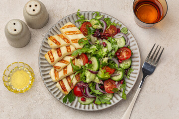 fried halloumi cheese with fresh vegetable  salad
