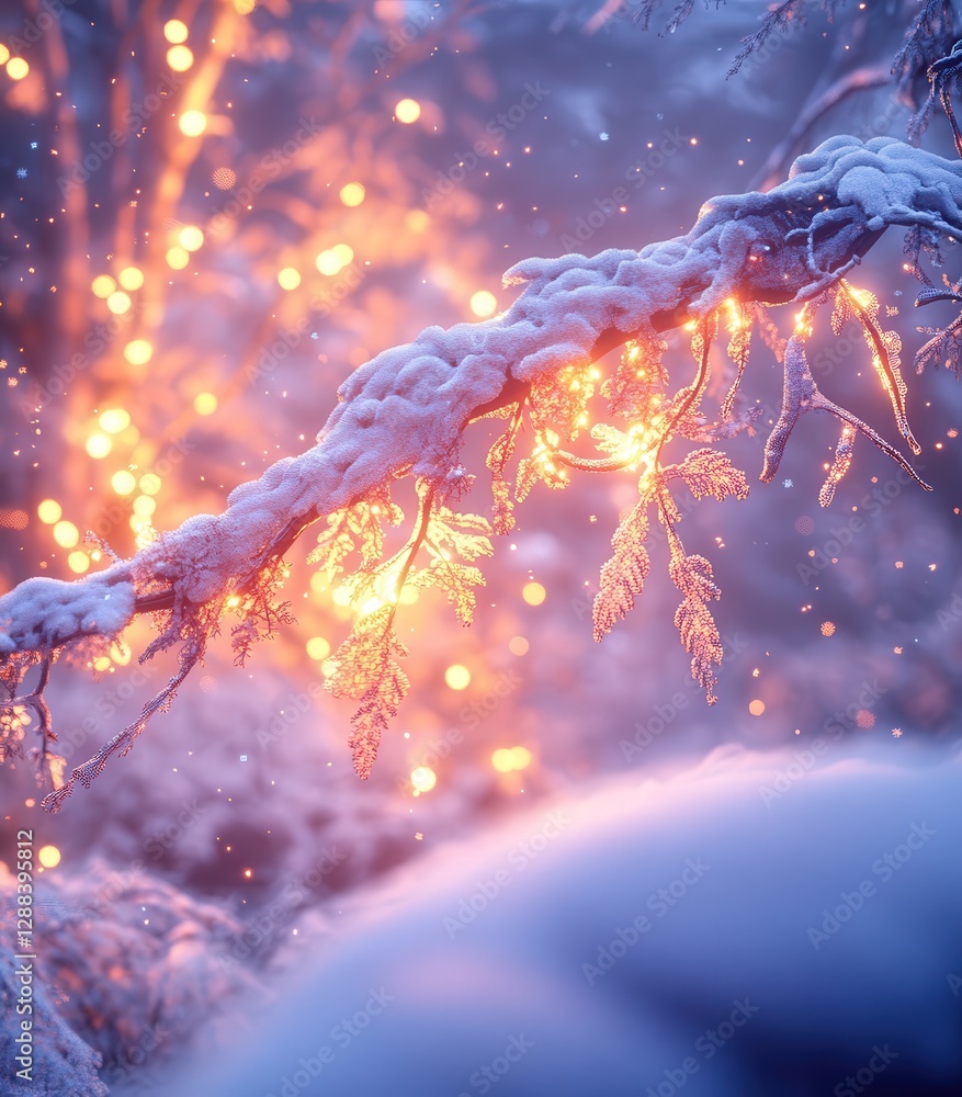 Poster a branch covered in snow, with snowflakes lightly clinging to every twig and the surrounding scenery
