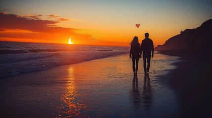 Fototapeta premium romantic beachside Valentine’s evening with couple, heart-shaped bonfire, and sunset glow