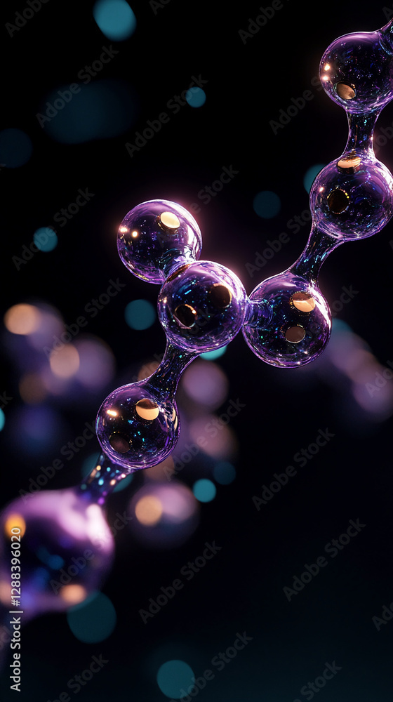 Poster Close-up of molecular structure with interconnected atoms and glowing bubbles, symbolizing science, technology, and chemistry, with a focus on particle connections and glowing effects.