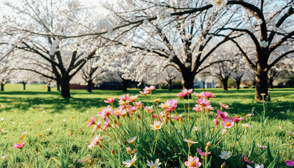 A lush field of pink wildflowers with cherry trees in full bloom under warm sunlight.