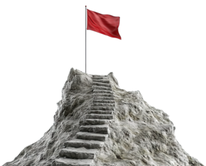 Rocky mountain with a staircase leading to the summit, topped with a red flag, symbolizing achievement and success, isolated on transparent cutout background