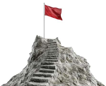 Rocky mountain with a staircase leading to the summit, topped with a red flag, symbolizing achievement and success, isolated on transparent cutout background
