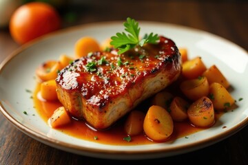 Pan-seared glazed pork knuckle on a plate with roasted vegetables, roasted pork, dinner, meat