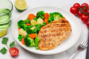 grilled  chicken breast with cooked  vegetables on white plate, healthy weight loss meal,