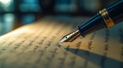 Fototapeta premium Writing with Gold Nib Fountain Pen on Lined Paper Close-up