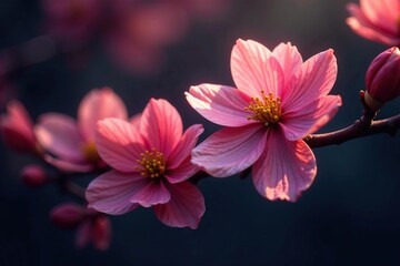 Fototapeta premium Dogwood blossoms shine brightly against a dark background, bloom, against