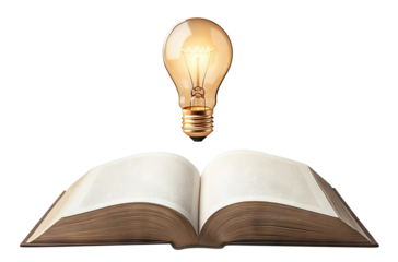 Open book with glowing light bulb above, isolated on transparent cutout background