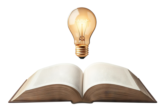 Open book with glowing light bulb above, isolated on transparent cutout background - Powered by Adobe