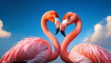 Beautiful pink Flamingos in love forming a heart with their heads on a bright blue sky background wallpaper