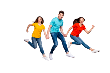 Full length body size photo of having wild mad good mood group of funny millenial person hipsters hurrying to get low seasonal sales isolated violet purple background