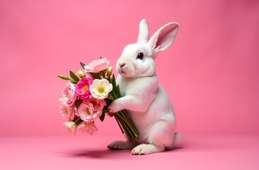 Fototapeta premium The white rabbit holds in his paws a bouquet of tulips on an empty pink background. International Women's Day. Mother's Day. Valentine's Day. International Rabbit Day.