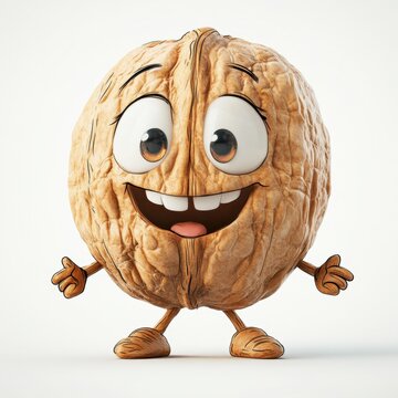 Happy cartoon walnut character smiling and posing with cheerful expression on simple white background